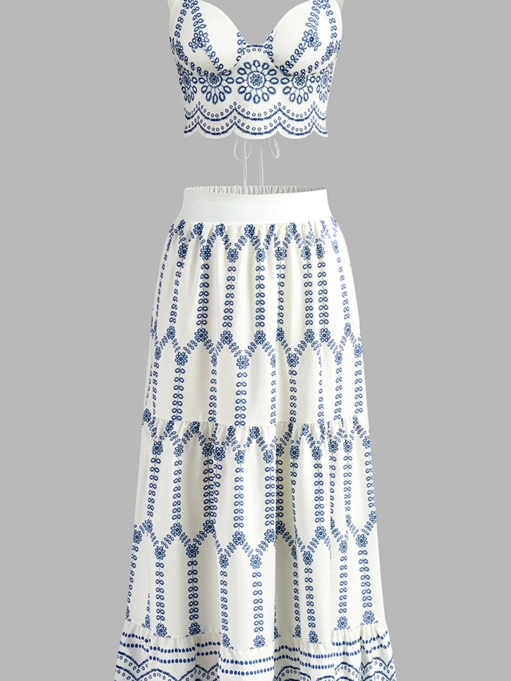 Commense White Maxi Skirt and Crop Top Set with Blue Embroidery